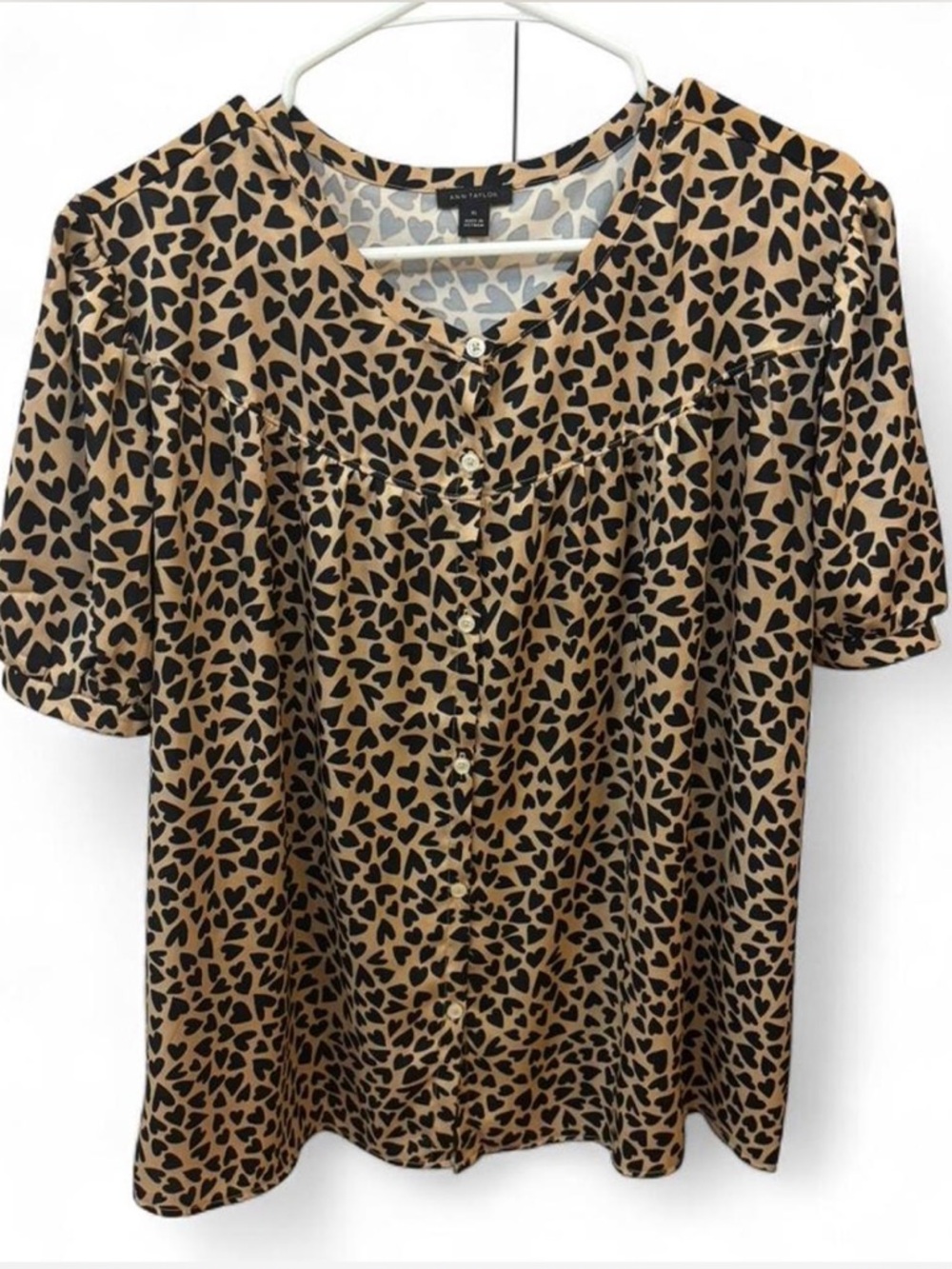 Ann Taylor Button-Front Heart Print Blouse